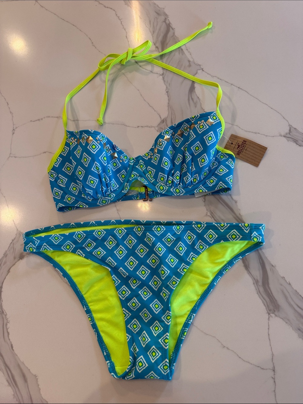 Hollister NWT Neon Lime & Aqua Bikini Set Top Size S Bottoms M